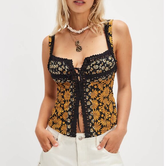 NWT Free People Love Me Not Printed Tank in Black Combo